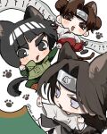  1girl 2boys animal_ear_fluff animal_ears black_eyes black_hair black_headband blunt_bangs blush bodysuit bowl_cut brown_eyes brown_hair cat_boy cat_ears cat_girl cat_tail chibi chibi_only commentary double_bun fighting_stance flak_jacket green_bodysuit green_vest grey_eyes hair_bun headband highres hyuuga_neji jacket kemonomimi_mode konohagakure_symbol leg_warmers long_hair low-tied_long_hair mandarin_collar multiple_boys naruto_(series) naruto_shippuuden open_mouth orange_leg_warmers pants parted_bangs paw_print red_pants rock_lee scroll shirt short_hair smile tail tenten_(naruto) thick_eyebrows twitter_username vad_end vest white_shirt 
