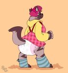 ambiguous_gender anthro artist_logo black_sclera blue_clothing blue_leg_warmers blue_legwear bri_(kalash) brown_body brown_claws brown_ears brown_fur brown_inner_ear brown_tail brown_toe_claws bubblepuppers canid canid_demon canine claws clean_diaper clothed clothing curly_hair demon diaper finger_claws fingerless_(marking) full-length_portrait fur hair head_horn hellhound hi_res hoodie horn hyena leg_warmers legwear logo looking_back mammal mythological_canine mythological_creature mythology orange_background overalls pattern_clothing pattern_leg_warmers pattern_legwear pattern_topwear pink_claws pink_clothing pink_finger_claws pink_hair pink_horn pink_overalls plaid plaid_clothing plaid_topwear portrait simple_background smile snaggle_tooth solo standing striped_clothing striped_leg_warmers striped_legwear stripes tail three-quarter_view toe_claws topwear trans_(lore) trans_woman_(lore) wearing_diaper yellow_clothing yellow_hoodie yellow_topwear