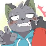 2024 abstract_background anthro blue_clothing blue_hoodie blue_topwear bodily_fluids close-up clothing cougar drooling duo fangs felid feline first_person_view fur grey_body grey_fur hajime_tanaka_(odd_taxi) hand_in_mouth hi_res hoodie kemoizumi kemono male male/male mammal mephitid odd_taxi red_clothing red_sweater red_topwear saliva shun_imai_(odd_taxi) skunk sweater teeth topwear