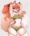2025 anthro blush blush_lines bottomwear bra canid canine clothing digital_media_(artwork) eyelashes female fox fur green_bottomwear green_clothing green_topwear grey_background hair hair_tie_in_mouth hi_res legwear lisa_(lisaamint) lisaamint looking_at_viewer mammal midriff navel orange_hair pink_eyes question_mark raised_arms simple_background small_waist solo sparkles sports_bra sportswear tail tan_body tan_fur thigh_highs topwear tying_hair underwear watermark wide_hips