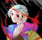  1other aik0aaac black_background blunt_bangs braid clothing_cutout contrast_collar contrast_lapels covered_collarbone crazy_eyes crazy_grin curtained_hair dark_persona empty_eyes forehead gnosia green_hair green_jacket half_up_braid highres jacket lapels light_particles looking_at_viewer other_focus parted_bangs red_eyes scribble_background shirt short_hair shoulder_strap solo sparkle spoilers turtleneck turtleneck_shirt two-tone_background upper_body variant_set yuri_(gnosia) 