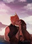  1boy 1girl armor artist_name bare_shoulders black_hair black_sleeves blonde_hair blurry blurry_background breasts closed_eyes cloud cloud_strife cloudy_sky commentary couple crop_top detached_sleeves earrings elbow_pads english_commentary final_fantasy final_fantasy_vii from_side gloves hand_on_another's_head hetero highres ilabarattolo jewelry kiss large_breasts long_hair outdoors profile ribbed_sweater short_hair shoulder_armor single_elbow_pad skirt sky sleeveless sleeveless_turtleneck spiked_hair suspender_skirt suspenders sweater tank_top teardrop_earrings tifa_lockhart turtleneck turtleneck_sweater upper_body white_tank_top 