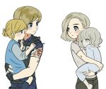  1boy 3girls aged_down bandaged_arm bandages barefoot black_gloves black_pants black_vest blonde_hair blood blood_on_clothes blood_on_face blue_eyes blue_shirt blue_shorts brother_and_sister bulletproof_vest carrying carrying_person child child_carry closed_mouth dress emily_(resident_evil) eye_contact fingerless_gloves gloves grace_ashcroft grey_eyes grey_hair grey_shirt hair_bun hashtag-only_commentary highres in-franchise_crossover injury leon_s._kennedy long_sleeves looking_at_another multiple_girls pants police police_uniform resident_evil resident_evil_2 resident_evil_requiem rmflarmflrl22 sherry_birkin shirt short_hair short_sleeves shorts siblings simple_background single_hair_bun smile torn_clothes vest white_background 