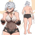  1girl alternate_hairstyle arms_at_sides ass back bandaged_arm bandages barefoot black_shorts breasts cleavage clenched_hand closed_mouth cowboy_shot facing_away fingerless_gloves from_behind full_body gloves grey_hair groin_tendon hair_bun hair_ornament hairclip half-closed_eyes hands_up highres large_breasts leotard long_hair median_furrow mole mole_on_breast multiple_views navel open_clothes open_fly open_shorts pocket see-through_clothes see-through_leotard short_shorts shorts shoulder_blades single_hair_bun smile stomach toned toned_female topless_female underbutt very_long_hair wokiiarts yellow_background yixuan_(zenless_zone_zero) zenless_zone_zero 