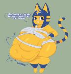 2024 after_vore animal_crossing ankha_(animal_crossing) anthro belly big_belly big_breasts blue_hair breasts domestic_cat duo dwps felid feline felis female female_pred hair hi_res mammal nintendo overweight text vore yellow_body