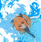  1girl a.i._voice adachi_rei black_shirt closed_mouth coat commentary expressionless hair_between_eyes hair_ribbon headphones highres looking_at_viewer medium_hair one_side_up orange_eyes orange_hair reflection reflective_liquid ribbon ripples sfrabbit shirt solo untranslatable_commentary upper_body utau white_coat 