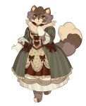  1girl :o animal_ears animal_feet barefoot bow cat_ears cat_girl cat_tail choker classic_lolita commentary dovewing dress english_commentary fluffy frilled_dress frilled_sleeves frills full_body furry furry_female gem gloves green_dress green_eyes grey_fur grey_hair hand_up highres layered_dress lolita_fashion long_sleeves looking_at_viewer mimi_(mourninglamby) neck_fur omen_of_the_stars personification red_bow red_choker rococo_movement short_hair simple_background solo standing standing_on_one_leg tachi-e tail warrior_cats white_background white_gloves 