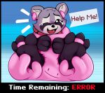 2025 3_toes anthro ayylmao0129 black_nose bodily_fluids cheek_tuft closed_smile crying_laughing dialogue digital_media_(artwork) ditto_(pokemon) duo english_text facial_tuft feet fur fur_tuft generation_1_pokemon hi_res indigo_park laugh male_(lore) mammal mouth_closed multicolored_body multicolored_fur nintendo one_eye_closed open_mouth open_smile pink_body pokemon pokemon_(species) procyonid purple_body purple_fur raccoon rambley_raccoon red_tongue restrained smile speech_bubble tears text tickle_fetish tickle_torture tickling tickling_feet toes tongue tuft white_body white_fur