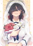  1girl alternate_headwear bangs black_eyes black_hair black_neckwear blouse bouquet bow bridal_veil character_name commentary_request cover cover_page crocroxxx dark_skin doujin_cover english_text eyebrows_visible_through_hair eyes_visible_through_hair flower girls_und_panzer hair_bow hair_over_one_eye half-closed_eyes holding holding_bouquet long_hair long_sleeves looking_at_viewer midriff neckerchief ogin_(girls_und_panzer) ooarai_naval_school_uniform open_mouth ponytail rating red_bow red_flower red_rose rose sailor sailor_collar school_uniform smile solo translated upper_body veil white_blouse white_sailor_collar 