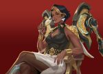  1girl alcohol black_hair blonde_hair blonde_streaks breasts brown_lips cleavage cleavage_cutout clothing_cutout cup dark-skinned_female dark_skin desi domina_(overwatch) earrings fishnet_bra gold_bracer holding holding_cup jacket jewelry large_breasts looking_at_viewer multicolored_hair overwatch red_background short_hair single_bracer sitting skirt solo sonic_jp streaked_hair two-tone_hair white_skirt wine 