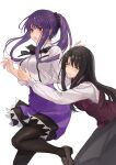  2girls asagami_(hnt16303310) asagami_fujino bangs black_dress black_legwear blouse breasts closed_eyes dress fate/grand_order fate_(series) hair_ornament hairband highres kara_no_kyoukai kokutou_azaka long_hair multiple_girls ponytail purple_hair purple_skirt red_eyes ribbon school_uniform shirt simple_background skirt smile thighhighs uniform white_background white_shirt 