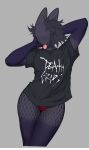 anthro black_clothing black_shirt black_topwear clothed clothing death_grips english_text eyeless female fishnet_clothing fishnet_leggings fishnet_legwear grey_body hair hands_behind_head head_tuft hi_res kethra kethra_(character) leggings legwear noseless panties pantsless partially_clothed partially_clothed_anthro partially_clothed_male print_clothing print_shirt print_t-shirt print_topwear purple_body purple_skin red_clothing red_panties red_underwear shirt skimpy solo standing t-shirt text text_on_clothing text_on_shirt text_on_topwear thong tongue tongue_out topwear tuft underwear unknown_species