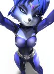 anthro bedroom_eyes blue_body bodysuit canid canine clothing female fox green_eyes hi_res holding_viewer krystal_(cumminham) krystal_(star_fox) looking_at_viewer mammal narrowed_eyes nintendo seductive simple_background skinsuit smile solo star_fox tight_clothing white_background zerrymon