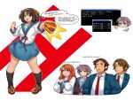  2boys 3girls 53hank absurdres arrow_(symbol) artist_name asahina_mikuru blue_skirt blue_suit book brown_hair burger clenched_hand closed_eyes closed_mouth colored_text_highlight disembodied_head english_text food full_body glasses hair_ribbon height highres holding holding_book holding_burger holding_food kita_high_school_uniform kneehighs koizumi_itsuki kyon lapels long_hair looking_at_another looking_to_the_side medium_hair multiple_boys multiple_girls multiple_views nagato_yuki necktie open_mouth pointer purple_hair raised_eyebrow raised_inner_eyebrows red_hair red_necktie red_ribbon ribbon sailor_collar school_uniform shirt short_hair simple_background skirt smile socks speech_bubble standing suit suzumiya_haruhi suzumiya_haruhi_no_yuuutsu talking twitter_strip_game_parody upper_body weight weight_gain white_background white_shirt yellow_eyes yellow_ribbon 