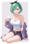  1girl absurdres black_hairband black_ribbon black_shorts blush bow_hairband braid breasts camisole collarbone cup green_hair hair_ornament hairband hairpin highres holding holding_cup jacket large_breasts looking_at_viewer loungewear midriff mole mole_on_breast navel open_mouth pink_nails purple_eyes purple_jacket purple_socks ribbon short_hair shorts sitting smile socks steaming_cup virtual_youtuber vspo! white_camisole yakumo_beni yokozuwari ysnhryk 