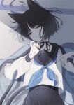  1girl animal_ear_fluff animal_ears black_eyes black_hair black_sailor_collar black_skirt blue_archive blue_halo blue_neckerchief cat_ears cat_girl cat_tail choker collarbone commentary_request from_above halo haori highres japanese_clothes kikyou_(blue_archive) long_sleeves looking_at_viewer lying medium_hair multiple_tails neckerchief on_back parted_lips pleated_skirt ribbon_choker sailor_collar school_uniform serafuku shade skirt solo tail takakura_aki tatami white_background 