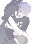 ... 2girls absurdres animal_ears arms_around_neck arms_around_waist belle_(zenless_zone_zero) black_hair black_shirt black_skirt black_thighhighs blue_hair closed_mouth earclip earrings flying_sweatdrops fox_ears fox_girl green_eyes grey_skirt hair_between_eyes hair_ornament high-waist_skirt highres hoshimi_miyabi jewelry letter_hair_ornament long_hair looking_at_another multiple_girls open_mouth red_eyes shirt short_hair simple_background skirt spoken_ellipsis sweatdrop thighhighs white_background white_shirt yuri zenless_zone_zero zzzii0 