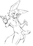 anthro big_ears big_penis canid canine cheek_tuft cooler facial_tuft fennec_fox fluffy fluffy_chest fluffy_tail fox freckles genitals hi_res ikaro knot knotted_penis male mammal penis raised_arms requeson_(ikaro) sharp_teeth skinny smile solo tail teeth true_fox tuft