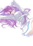  1girl angel_maker arms_behind_head belt between_breasts breasts cowboy_shot dutch_angle hair_between_eyes hair_over_one_eye hair_spread_out hashtag-only_commentary heaven_burns_red highres kura_satomi large_breasts long_hair long_hair_between_eyes long_sleeves looking_at_viewer lying miniskirt necktie necktie_between_breasts on_back pleated_skirt purple_eyes purple_hair purple_necktie shirt simple_background skirt solo very_long_hair white_background white_belt white_shirt white_skirt 