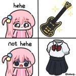  1girl :3 blank_stare blue_eyes blue_skirt bocchi_the_rock! bow bowtie chibi chibi_only closed_mouth commentary cube_hair_ornament gloom_(expression) gotoh_hitori guitar hair_ornament happy highres instrument jacket long_hair lulalang one_side_up open_mouth pink_hair pink_jacket red_bow red_bowtie shirt skirt smile sparkle twitter_username unworn_shirt unworn_skirt white_background white_shirt 