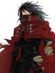 1boy armor belt black_hair black_jacket black_pants cloak commentary covered_mouth cowboy_shot final_fantasy final_fantasy_vii final_fantasy_vii_rebirth final_fantasy_vii_remake gold_armor hair_between_eyes headband highres jacket long_hair male_focus multiple_belts pants red_cloak red_eyes red_headband sketch solo soten_sq torn_cloak torn_clothes vincent_valentine white_background 