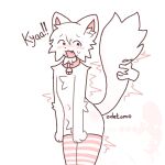 1:1 2025 artist_name bell bell_collar big_tail black_eyes black_nose bodily_fluids clothing collar direction_lines disembodied_hand domestic_cat exclamation_point felid feline felis fluffy fluffy_tail fur hand_on_tail inner_ear_fluff legwear long_tail looking_at_viewer mammal motion_lines oderox open_mouth paws pink_clothing pink_collar pink_inner_ear pink_legwear pink_stripes pink_thigh_highs sharp_teeth silly_cat_(mauzymice) stripes sweat tail teeth text thigh_highs tuft white_body white_clothing white_fur white_legwear white_stripes white_thigh_highs white_tuft