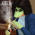 1:1 2025 5_fingers ahoeforcoffee anne_frank_(snoot_game) anthro black_hair blue_clothing blue_jacket blue_topwear cavemanon_studios clothing digital_drawing_(artwork) digital_media_(artwork) dinosaur drugs eyes_closed female fingers green_body green_scales hair hi_res jacket lighter marijuana medium_hair meme multicolored_body multicolored_scales orange_body orange_scales prehistoric_species reptile scales scalie smoking smoking_marijuana snoot_game snout solo topwear two_tone_body two_tone_scales