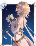  1girl back bare_shoulders black_gloves blonde_hair border breasts commentary cowboy_shot detached_sleeves dress english_commentary feather_hair_ornament feathers flower genshin_impact gloves hair_between_eyes hair_flower hair_ornament hand_on_own_chest holding holding_flower kainsosalka large_breasts looking_at_viewer looking_back lumine_(genshin_impact) ornate_border outside_border partially_fingerless_gloves scabbard sheath sheathed short_hair_with_long_locks solo star_(sky) starry_sky_background traveler's_original_sword_(genshin_impact) white_dress white_flower yellow_eyes 