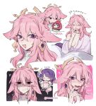  1girl :d anger_vein animal_ear_piercing animal_ears blood blush breasts chibi chibi_inset fang floppy_ears fox_ears genshin_impact hair_ornament highres long_hair medium_breasts nonons one_breast_out open_clothes open_mouth open_robe pink_hair purple_eyes raiden_shogun robe shaded_face smile solo v-shaped_eyebrows wet yae_miko yawning 