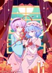  2girls ascot bat_wings black_hairband blue_hair blue_shirt brooch buttons candle closed_mouth collared_shirt commentary_request cowboy_shot curtains falling_petals flower frilled_shirt_collar frilled_wrist_cuffs frills hair_between_eyes hairband hat heart_button highres indoors interlocked_fingers jewelry komeiji_satori long_skirt long_sleeves looking_at_viewer mob_cap multiple_girls munchem-muni parted_lips petals pink_hair pink_hat pink_shirt pink_skirt pointy_ears puffy_short_sleeves puffy_sleeves red_ascot red_eyes red_flower red_petals red_rose red_wrist_cuffs remilia_scarlet rose shirt short_hair short_sleeves skirt smile standing third_eye touhou wide_sleeves window wings wrist_cuffs 