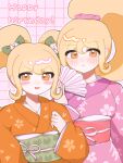  2girls absurdres aged_up blonde_hair blush blush_stickers bow closed_mouth commentary danganronpa_(series) danganronpa_2:_goodbye_despair dual_persona english_text floral_print floral_print_kimono green_bow green_sash grid_background hair_bow hand_fan happy_birthday heart height_difference highres holding holding_fan japanese_clothes kimono long_hair long_sleeves multiple_girls obi official_alternate_hairstyle open_mouth orange_eyes orange_kimono outline pink_background pink_kimono ponytail print_kimono red_sash sai_riyo/_metcha_tei_fujo saionji_hiyoko sash smile twintails untranslatable_commentary upper_body white_outline 