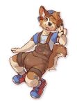 4_fingers akko_(akkodoggo) ambiguous_gender anthro backwards_baseball_cap backwards_hat band-aid band-aid_on_face band-aid_on_leg band-aid_on_nose bandage bandage_on_face bandage_on_nose baseball_cap black_nose black_pawpads blue_band-aid blue_baseball_cap blue_clothing blue_shirt blue_topwear bodily_fluids bottomwear brown_body brown_clothing brown_ears brown_fur brown_inner_ear brown_overalls brown_tail canid canine canis clothed clothing diaper diaper_peekage diaper_under_clothing domestic_dog english_text fangs fingers floppy_ears footwear full-length_portrait fur genital_fluids gesture hand_gesture hat headgear headwear high-angle_view inner_ear_fluff invisible_geometry mammal markings multicolored_body multicolored_fur neemitenaide one_eye_closed overalls pawpads portrait shirt shoes simple_background sitting smile sneakers socks solo spots spotted_body spotted_face spotted_fur spotted_markings spotted_tail tail tail_markings tan_body tan_fur tan_inner_ear_fluff tan_spots tan_tail teeth text text_on_bottomwear text_on_clothing text_on_hat text_on_headwear text_on_shirt text_on_topwear three-quarter_view tongue tongue_out topwear tuft unclean_diaper urine used_diaper v_sign wearing_diaper wet_diaper white_background white_clothing white_footwear white_socks wink