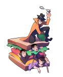  4boys arsene_lupin_iii aulauly beard bread bread_slice cheese cleft_chin commentary crushing cuffs english_commentary facial_hair fedora food handcuffs hat highres holding holding_sword holding_weapon ishikawa_goemon_xiii jigen_daisuke lettuce lupin_iii multiple_boys olive pinned sandwich sandwiched sideburns sword tomato tomato_slice toothpick weapon zenigata_kouichi 