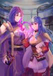  1boy 1girl :o aqua_hair armor bangs book boots breastplate capelet circlet cloak corruption dark_persona eirika_(fire_emblem) eyebrows_visible_through_hair fire_emblem fire_emblem:_the_sacred_stones fire_emblem_heroes hair_between_eyes highres holding holding_book long_sleeves lyon_(fire_emblem) magic possession purple_eyes purple_hair red_eyes riou_(pooh920) shoulder_armor sidelocks skirt thigh_boots thighhighs white_skirt 