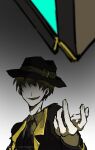  1boy black_coat black_hat black_necktie brown_hair brown_shirt coat collared_shirt faceless faceless_male fedora hand_up hat lapels lobotomy_corporation looking_at_viewer necktie notched_lapels open_mouth pale_fixer_(project_moon) project_moon shirt smile solo throwing wei_qie_zaisheng 