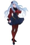  1girl arms_at_sides ascot belt black_ascot black_shoes black_skirt clenched_hand closed_mouth collared_shirt fate/strange_fake fate_(series) fillia_(fate) flower full_body hair_flower hair_ornament hand_on_own_hip high-waist_skirt highres knees_apart_feet_together long_hair long_sleeves looking_at_viewer o-ring o-ring_belt pantyhose pleated_skirt puffy_long_sleeves puffy_sleeves purple_flower purple_rose red_eyes red_pantyhose red_shirt rose shirt shoes simple_background skirt smile solo standing tsengyun white_background white_hair 