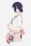  1girl bag bag_charm black_hair blue_neckerchief brown_bag character_doll charathegay charm_(object) cho_kaguya-hime! commentary doll hair_bun highres kaguya_(cho_kaguya-hime!) neckerchief runami_yachiyo sailor_collar sakayori_iroha school_uniform serafuku shirt short_hair short_sleeves shoulder_bag simple_background single_hair_bun white_background white_sailor_collar white_shirt 