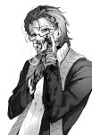  1boy averting_eyes bags_under_eyes blood blood_on_hands breath colored_extremities covering_own_mouth furrowed_brow glasses gregor_(project_moon) hair_slicked_back hand_on_own_face hand_on_own_wrist hand_up highres jacket karikari_beco_n la_manchaland_(identity)_(project_moon) limbus_company looking_to_the_side male_focus mullet project_moon red_eyes scarf solo spot_color stole turtleneck upper_body worried 