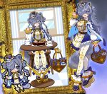  1girl 3am animal_ears bag blue_eyes blue_hair bow breasts cake chair cheshirette chibi chocolate_cake covering_one_eye cup dress eating eye_mask food full_body hair_ornament handbag heart heart-shaped_bag heart_hair_ornament highres large_breasts long_hair mask open_mouth pantyhose picture_frame platform_shoes raccoon_ears raccoon_girl raccoon_tail shoes sitting smile snuffy_(vtuber) standing table tail teacup ton_(ton39342104) virtual_youtuber waving white_pantyhose wooden_chair wooden_table 