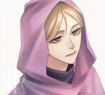  1girl artist_logo blonde_hair brown_eyes capelet chi.:_chikyuu_no_undou_ni_tsuite closed_mouth commentary_request hood hood_up iorbtyn jolenta logo pink_capelet portrait short_hair simple_background solo white_background 
