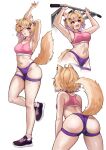  1girl animal_ear_fluff animal_ears ass blonde_hair breasts cat_ears cat_girl cat_tail clothing_cutout colored_inner_hair commission facial_mark highres hip_vent indie_virtual_youtuber leaning_forward medium_breasts multicolored_hair multiple_views nao_(naoblud) navel one_eye_closed open_mouth pink_sports_bra purple_shorts red_eyes second-party_source shorts shyrei_faolan skindentation sports_bra stretching tail vgen_commission virtual_youtuber whisker_markings white_background 