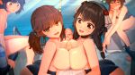  1boy 4girls :d absurdres anna_anon anna_skyler_(anna_anon) black_choker black_hair blue_one-piece_swimsuit blurry blush breast_press breasts brown_eyes brown_hair censored character_request choker closed_mouth clothes_pull cooperative_paizuri day depth_of_field english_commentary erection eyes_visible_through_hair ffm_threesome group_sex hairband hand_on_own_cheek hand_on_own_face hetero highres holding_hands interlocked_fingers large_breasts leaning_forward long_hair looking_at_penis looking_at_viewer mosaic_censoring multiple_girls one-piece_swimsuit one-piece_swimsuit_pull open_mouth original outdoors paizuri parted_lips penis pool poolside pov short_hair sitting smile sweat swimsuit symmetrical_docking teamwork_(sexual) threesome topless_female twintails variant_set water 