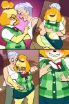 absurd_res animal_crossing anthro bandage bandage_on_face bandage_on_nose blush bodily_fluids bottomwear breast_grab breasts canid canine canis clothed clothing clothing_lift comic domestic_dog duo female grin hand_on_breast hi_res human isabelle_(animal_crossing) lovetopullmicke male male/female mammal nintendo panties pattern_bottomwear pattern_clothing pattern_panties pattern_underwear saliva saliva_string skirt skirt_lift smile striped_bottomwear striped_clothing striped_panties striped_underwear stripes underwear undressing villager_(animal_crossing)