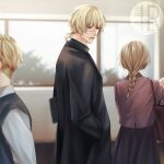  1girl 2boys alternate_costume alternate_hairstyle artist_logo badeni bag black_coat black_sweater_vest blonde_hair braid braided_ponytail brown_hair chi.:_chikyuu_no_undou_ni_tsuite coat collared_shirt commentary_request hair_tie hands_in_pockets highres indoors iorbtyn jolenta logo medium_hair multiple_boys no_eyepatch ponytail rafal_(chi.) scar scar_on_face scar_on_mouth scar_on_nose shirt short_ponytail shoulder_bag standing sweater_vest white_shirt window 