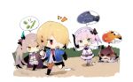 4girls :d :o arrow_(symbol) black_gloves black_robe black_socks blonde_hair blue_jacket blunt_bangs blunt_ends blush bow bowtie bright_pupils brown_hair brown_skirt chibi chibi_only collared_shirt commentary day fake_horns fox_mask full_body gloves green_eyes grey_hair hair_ornament hair_over_one_eye hairband hairclip heaven_burns_red hime_cut horns jacket kayamori_ruka kiryuu_miya kneehighs lolita_fashion lolita_hairband long_bangs long_hair long_sleeves looking_at_another lying mask medium_hair miniskirt motion_lines multiple_girls neck_ribbon necktie nobara_(konnttaku) notice_lines ogasawara_hisame on_stomach one_eye_covered open_clothes open_jacket open_mouth open_robe outdoors outstretched_arms parallel_hairclips plaid_clothes plaid_skirt pleated_skirt purple_bow purple_bowtie purple_ribbon red_eyes red_necktie ribbon robe running shirt short_hair sidelocks simple_background skirt slit_pupils smile socks speech_bubble spoken_object sugawara_chie twintails v-shaped_eyebrows very_long_hair white_background white_jacket white_pupils white_shirt white_skirt yellow_eyes 