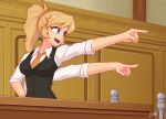  ace_attorney arthropod_girl blonde_hair blue_eyes breasts collared_shirt commentary courtroom english_commentary extra_arms fangs green_vest highres indoors large_breasts medium_hair necktie nelly_(xyronii) objection open_mouth orange_necktie original ponytail shirt short_ponytail short_sleeves smile spider_girl teeth tongue vest xyronii 