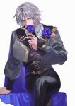  1boy absurdres aqua_eyes ascot belt black_ascot black_belt black_pants black_vest blue_cape blue_flower blue_rose cape collared_shirt corsage crossed_legs final_fantasy final_fantasy_vii final_fantasy_vii:_ever_crisis flower grey_hair grey_jacket hair_between_eyes hashtag-only_commentary highres holding holding_flower jacket looking_at_viewer male_focus official_alternate_costume p25_ff pants parted_bangs rose sephiroth sephiroth_(dark_attire) sephiroth_(ever_crisis) shirt short_hair sitting slit_pupils solo suit_jacket vest waistcoat white_background white_shirt 