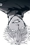  1boy crazy_smile gojou_satoru greyscale highres jujutsu_kaisen jujutsu_tech_uniform kmskc_f looking_at_viewer male_focus monochrome portrait short_hair simple_background smile solo upside-down white_background 