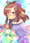  1girl ;) ahoge bare_shoulders blue_sky blurry blurry_background blush bow breasts brown_hair character_request closed_mouth cloud commentary_request crossover day depth_of_field flower frilled_shirt frills gen_5_pokemon glasses hair_bow hair_ornament hairclip indie_virtual_youtuber kouu_hiyoyo lilligant long_hair long_sleeves looking_at_viewer medium_breasts off-shoulder_shirt off_shoulder one_eye_closed outdoors pink_flower pokemon pokemon_(creature) ponytail purple-framed_eyewear purple_bow purple_eyes purple_shirt purple_skirt semi-rimless_eyewear shirt skirt sky smile under-rim_eyewear x_hair_ornament 