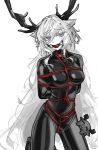  1girl absurdres animal_ears antlers arknights arms_behind_back ball_gag blush bodysuit bound bound_arms breasts commission cowboy_shot deer_antlers deer_ears deer_girl gag gagged genieko greyscale hair_between_eyes hair_ornament highres horns kneeling latex latex_bodysuit long_hair looking_at_viewer medium_breasts monochrome shibari shibari_over_clothes simple_background solo spot_color very_long_hair viviana_(arknights) white_background x_hair_ornament 